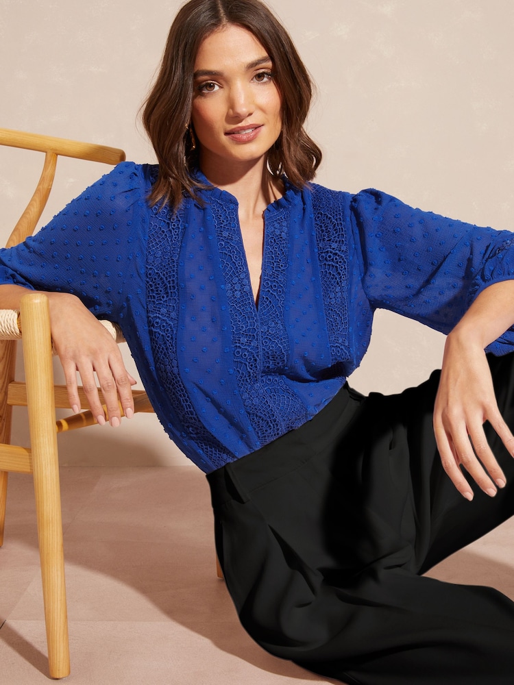 Love & Roses Cobalt Blue Ruffle Neck Lace Trim Tie Cuff 3/4 Sleeve Dobby Spot Blouse - Image 2 of 4