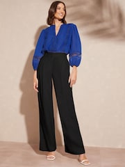 Love & Roses Cobalt Blue Ruffle Neck Lace Trim Tie Cuff 3/4 Sleeve Dobby Spot Blouse - Image 4 of 4