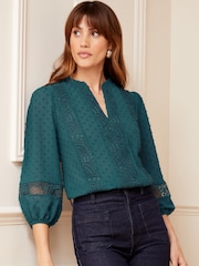 Love & Roses Green Ruffle Neck Lace Trim Tie Cuff 3/4 Sleeve Dobby Spot Blouse - Image 1 of 4