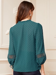 Love & Roses Green Ruffle Neck Lace Trim Tie Cuff 3/4 Sleeve Dobby Spot Blouse - Image 3 of 4