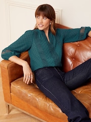 Love & Roses Green Ruffle Neck Lace Trim Tie Cuff 3/4 Sleeve Dobby Spot Blouse - Image 4 of 4