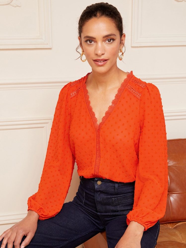 Love & Roses Orange V Neck Lace Long Sleeve Lace Trim Dobby Spot Blouse - Image 1 of 4 Love & Roses Orange V Neck Lace Long Sleeve Lace Trim Dobby Spot Blouse - Image 1 of 4