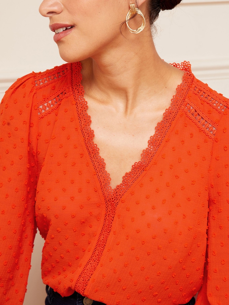 Love & Roses Orange V Neck Lace Long Sleeve Lace Trim Dobby Spot Blouse - Image 2 of 4 Love & Roses Orange V Neck Lace Long Sleeve Lace Trim Dobby Spot Blouse - Image 2 of 4