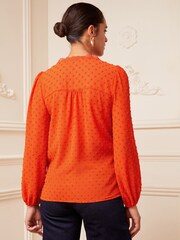 Love & Roses Orange V Neck Lace Long Sleeve Lace Trim Dobby Spot Blouse - Image 3 of 4