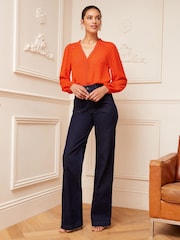 Love & Roses Orange V Neck Lace Long Sleeve Lace Trim Dobby Spot Blouse - Image 4 of 4