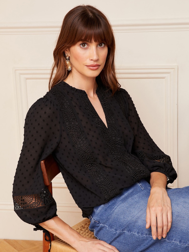 Love & Roses Black Ruffle Neck Lace Trim Tie Cuff 3/4 Sleeve Dobby Spot Blouse - Image 1 of 4