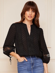 Love & Roses Black Ruffle Neck Lace Trim Tie Cuff 3/4 Sleeve Dobby Spot Blouse - Image 2 of 4