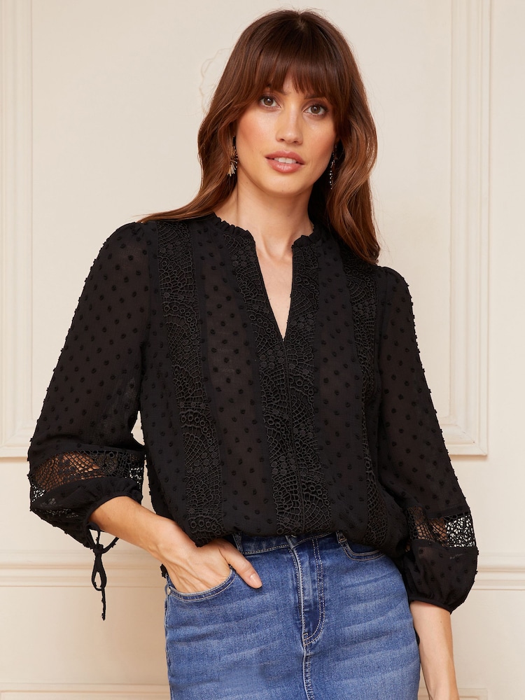 Love & Roses Black Ruffle Neck Lace Trim Tie Cuff 3/4 Sleeve Dobby Spot Blouse - Image 2 of 4