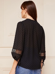 Love & Roses Black Ruffle Neck Lace Trim Tie Cuff 3/4 Sleeve Dobby Spot Blouse - Image 3 of 4