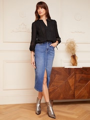 Love & Roses Black Ruffle Neck Lace Trim Tie Cuff 3/4 Sleeve Dobby Spot Blouse - Image 4 of 4