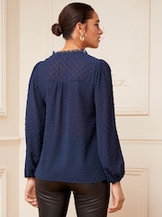 Marineblau - Love & Roses V-Ausschnitt-langärmelig -gepunktet​​​​​​​ Bluse mit Dobby und Spitzenbesatz - Bild 2 von 4