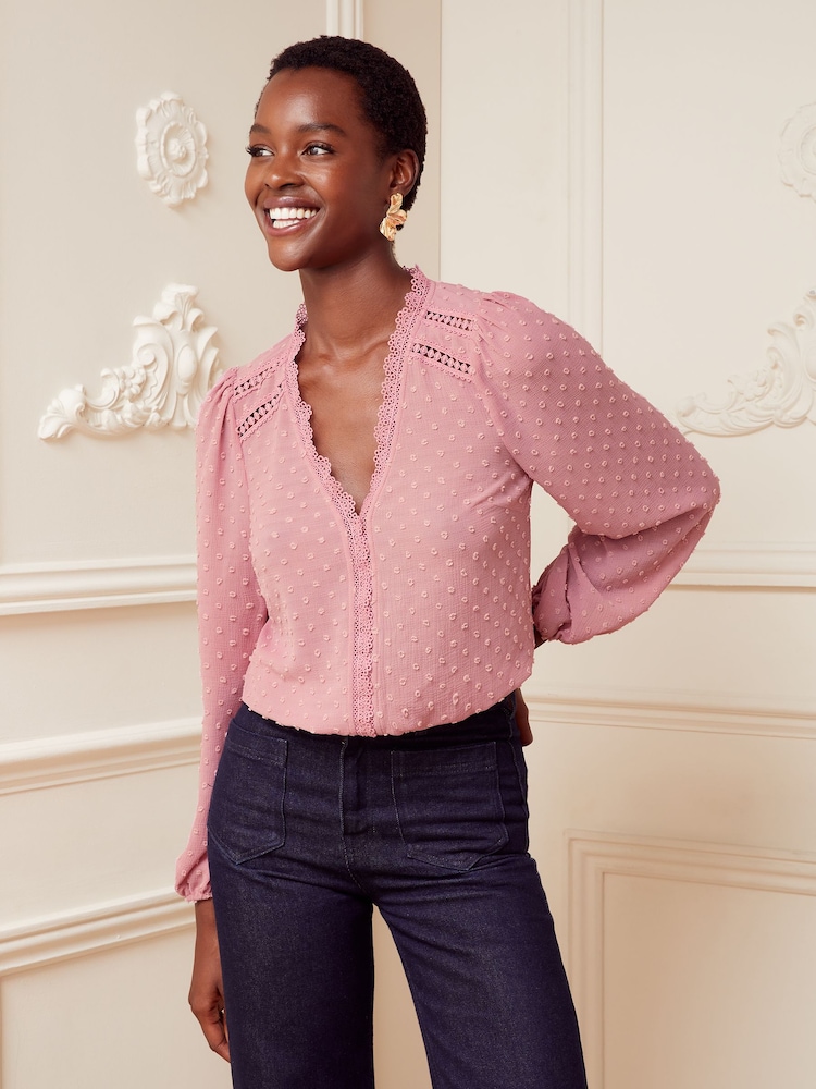 Love & Roses Pink V Neck Lace Long Sleeve Lace Trim Dobby Spot Blouse - Image 1 of 3 Love & Roses Pink V Neck Lace Long Sleeve Lace Trim Dobby Spot Blouse - Image 1 of 3