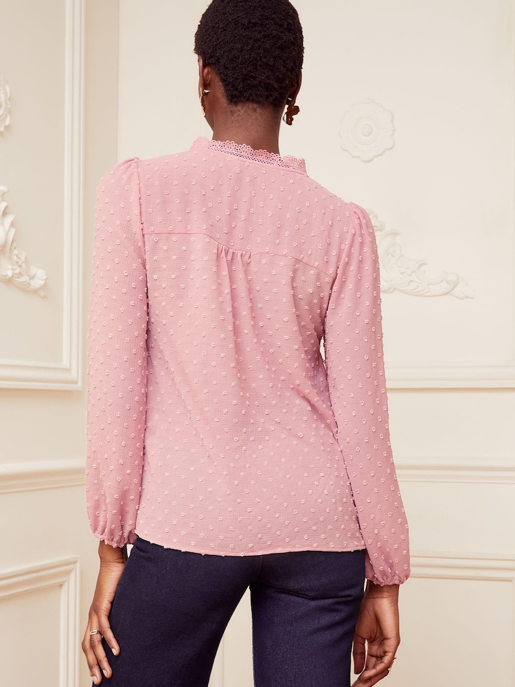 Love & Roses Pink V Neck Lace Long Sleeve Lace Trim Dobby Spot Blouse - Image 3 of 3 Love & Roses Pink V Neck Lace Long Sleeve Lace Trim Dobby Spot Blouse - Image 3 of 3