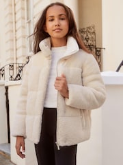 Lipsy Cream Borg Hybrid Bomber Jacket - Image 1 of 4