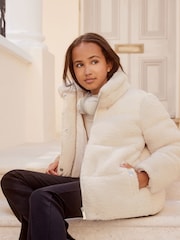 Lipsy Cream Borg Hybrid Bomber Jacket - Image 3 of 4