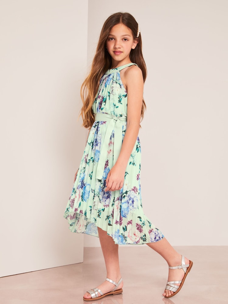 Lipsy Sage Green Floral Pleated Chiffon Occasion Dress - Image 2 of 4