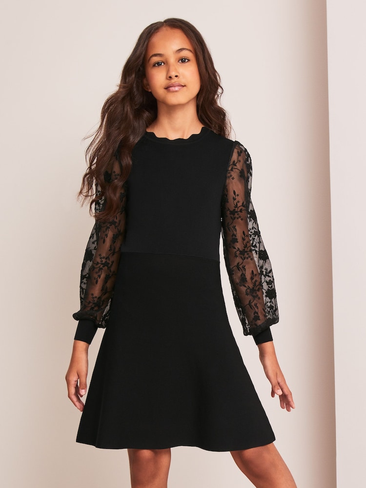 Lipsy Black Organza Sleeve Knitted Dress - Image 1 of 4