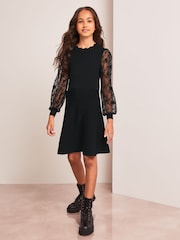 Lipsy Black Organza Sleeve Knitted Dress - Image 2 of 4