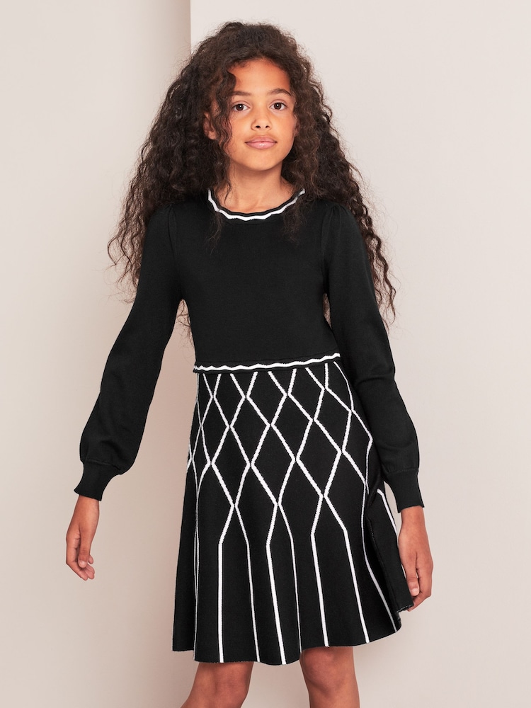 Lipsy Monochrome Check 2in1 Long Sleeve Knitted Dress - Image 1 of 1