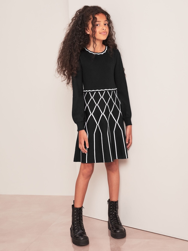 Lipsy Monochrome Check 2in1 Long Sleeve Knitted Dress - Image 2 of 4 Lipsy Monochrome Check 2in1 Long Sleeve Knitted Dress - Image 2 of 4