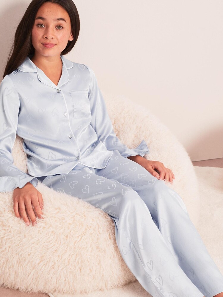 Lipsy Blue Fluted Sleeve Satin Pyjamas - Image 1 of 4