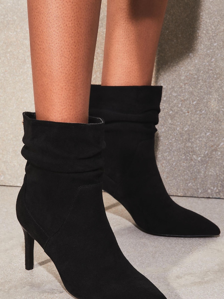 Lipsy Black Wide FIt Ankle Suedette Ruched Mid Heeled Boot - Image 2 of 4