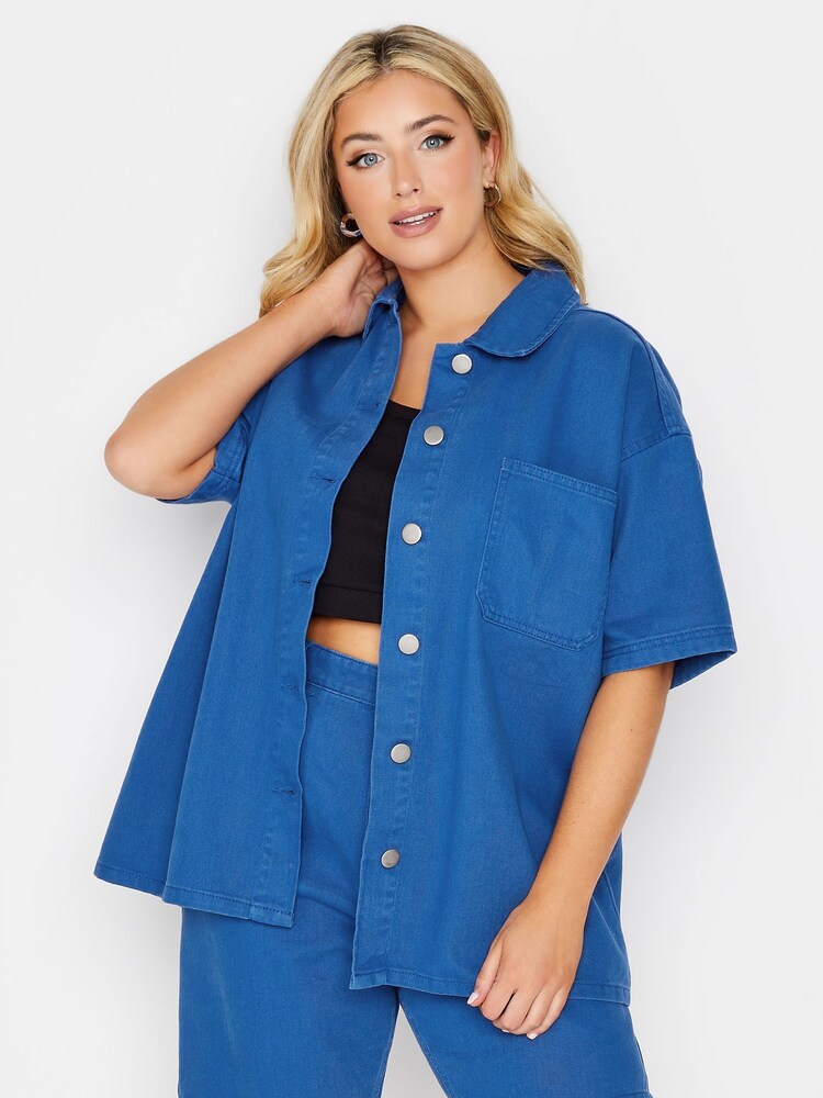 Yours Curve Blue Short Sleeve Shirt - Image 1 of 4 Yours Curve Blue Short Sleeve Shirt - Image 1 of 4