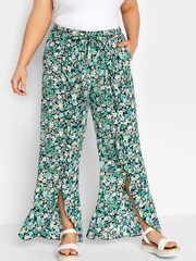 Yours Curve Black Tie Waist Frill Wide Leg Trouser - Image 1 of 5