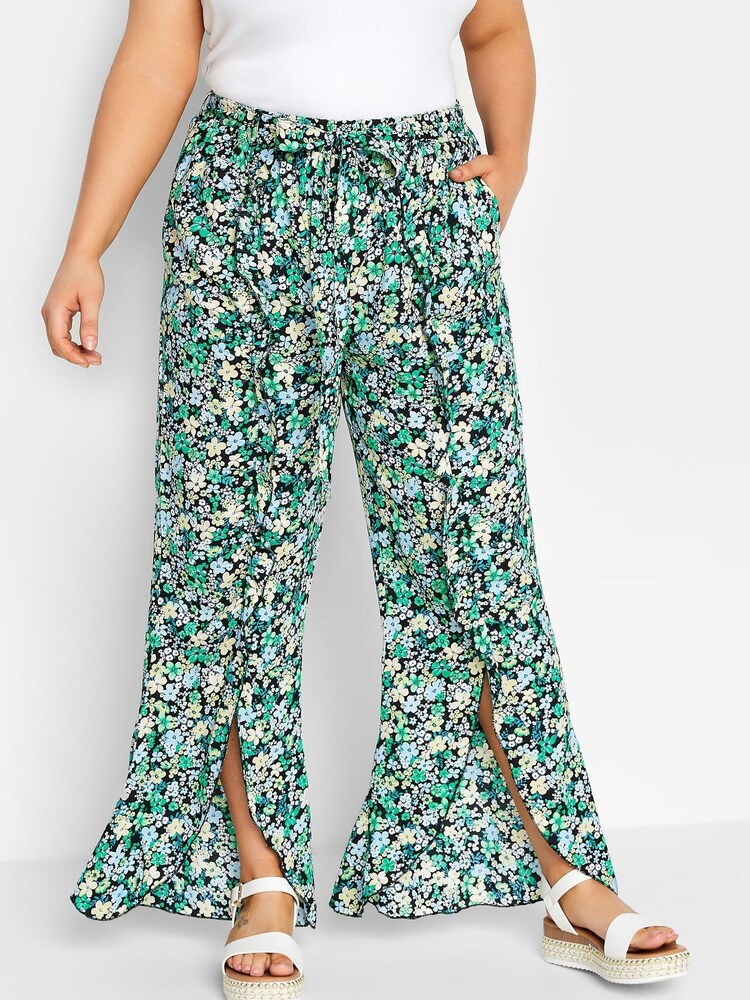 Yours Curve Black Tie Waist Frill Wide Leg Trouser - Image 1 of 5