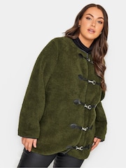 Yours Curve Green Luxury Faux Fur Toggle Cardigan Jacket - Image 1 of 4