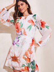 Lipsy Cream Printed Long Sleeve Round Neck Belted Shift Summer Dress - Image 1 of 4