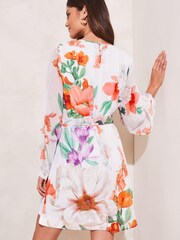 Lipsy Cream Printed Long Sleeve Round Neck Belted Shift Summer Dress - Image 2 of 4