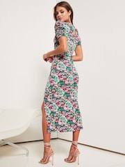 Lipsy Ditsy Jersey Short Sleeve Ruched Split Midi Dress - Image 2 of 4