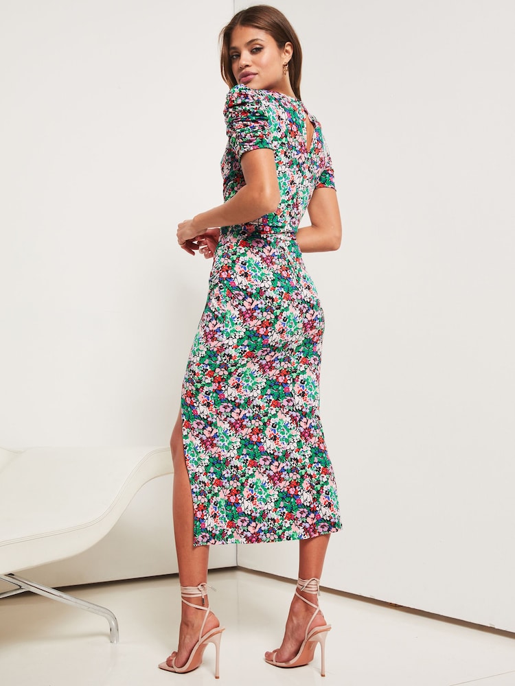 Lipsy Ditsy Jersey Short Sleeve Ruched Split Midi Dress - Image 2 of 4