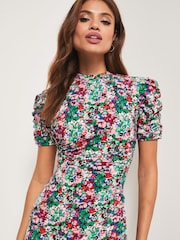 Lipsy Ditsy Jersey Short Sleeve Ruched Split Midi Dress - Image 4 of 4