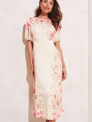 Lipsy Cream Floral Puff Sleeve Round Neck Split Midi Dress - Image 1 of 4