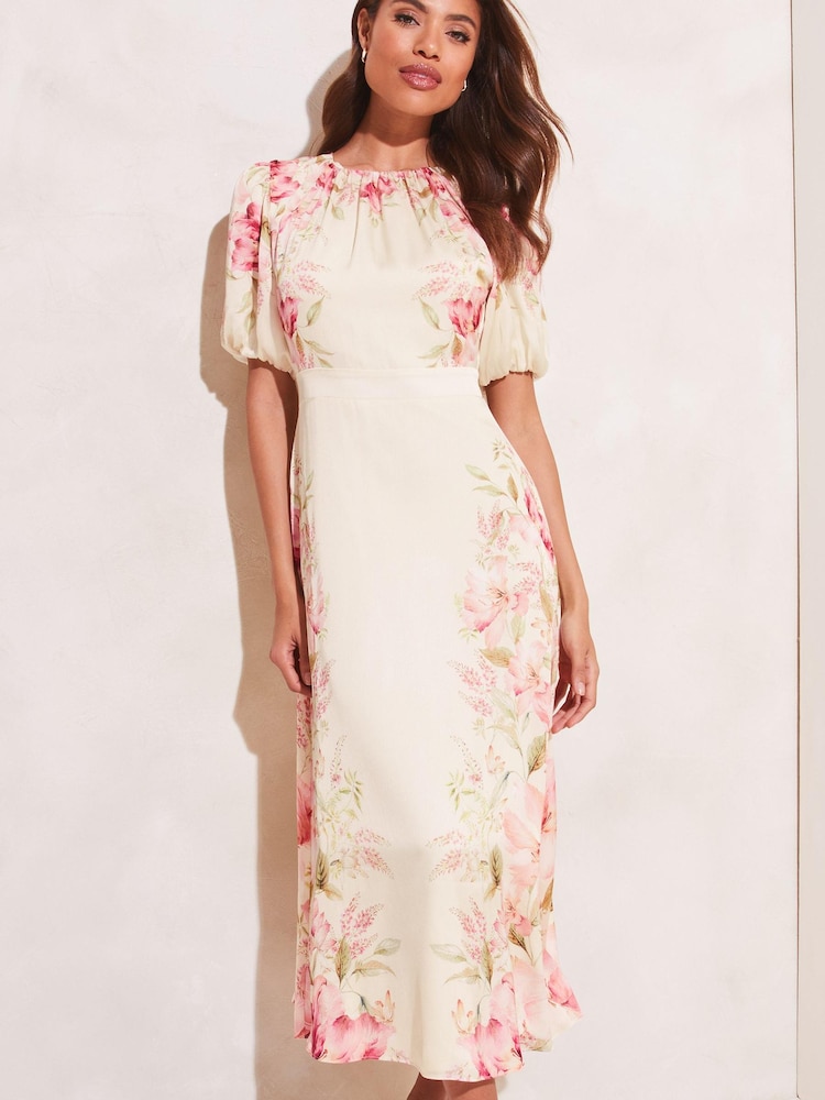 Lipsy Cream Floral Puff Sleeve Round Neck Split Midi Dress - Image 1 of 4