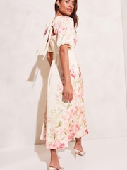 Lipsy Cream Floral Puff Sleeve Round Neck Split Midi Dress - Image 2 of 4