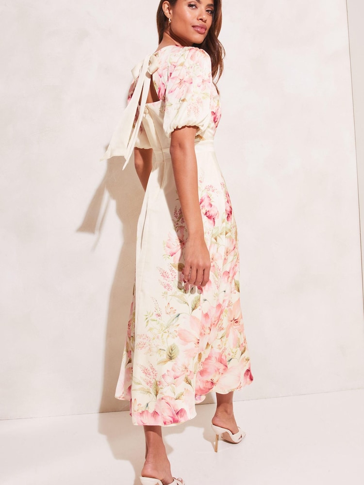 Lipsy Cream Floral Puff Sleeve Round Neck Split Midi Dress - Image 2 of 4