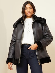 Love & Roses Black Faux Fur Lined Aviator Jacket - Image 1 of 4