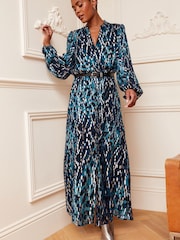 Love & Roses Blue Animal Metallic Printed V Neck Belted Long Sleeve Midi Dress - Image 1 of 4