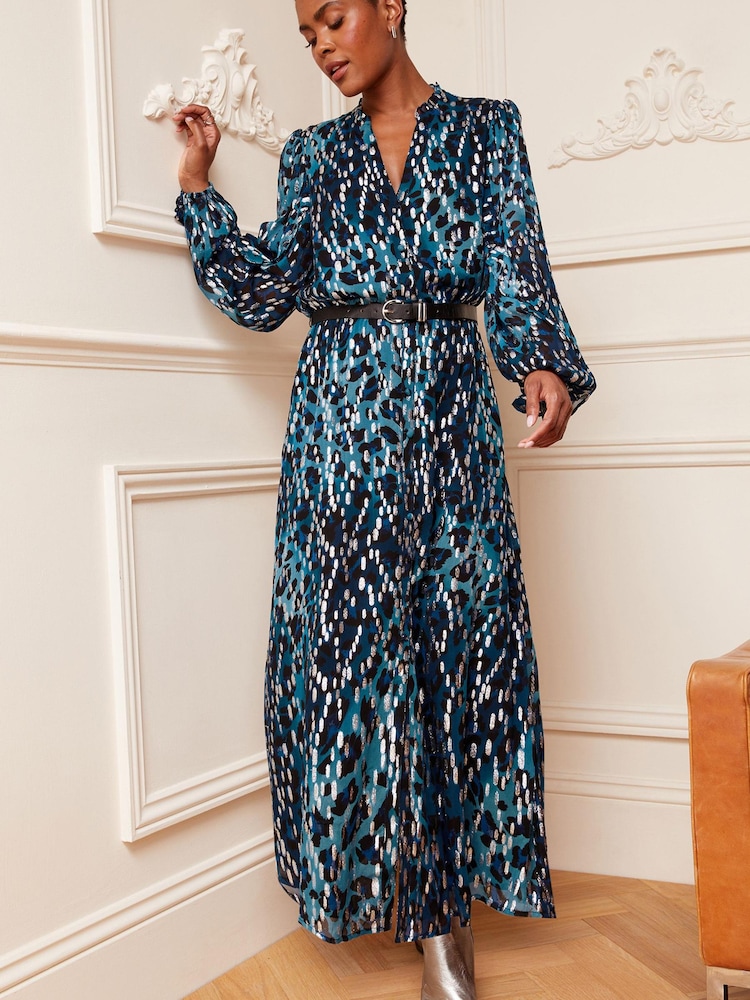 Love & Roses Blue Animal Metallic Printed V Neck Belted Long Sleeve Midi Dress - Image 1 of 4