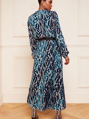 Love & Roses Blue Animal Metallic Printed V Neck Belted Long Sleeve Midi Dress - Image 2 of 4