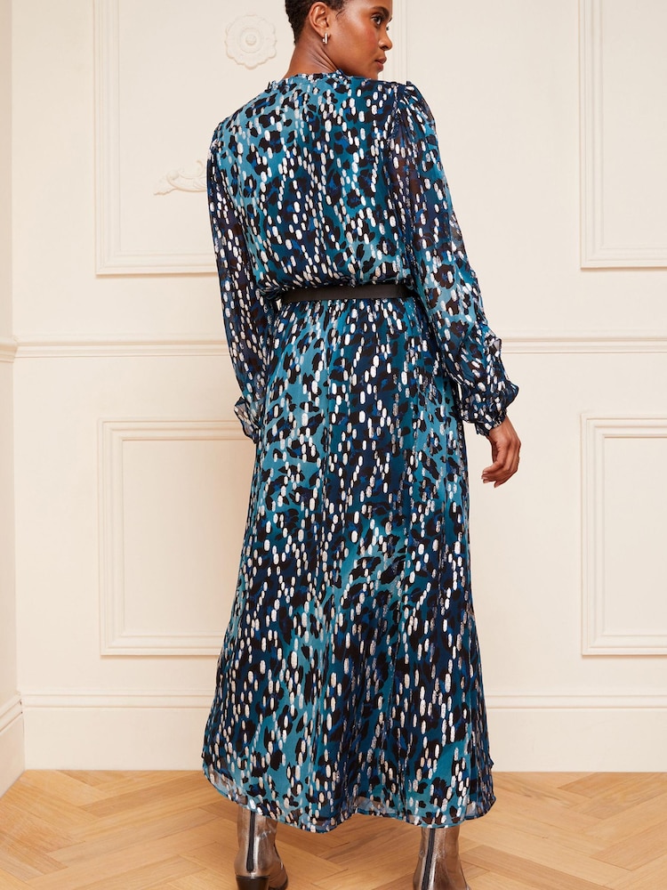 Love & Roses Blue Animal Metallic Printed V Neck Belted Long Sleeve Midi Dress - Image 2 of 4