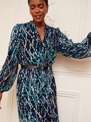 Love & Roses Blue Animal Metallic Printed V Neck Belted Long Sleeve Midi Dress - Image 3 of 4