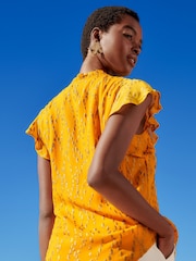 Love & Roses Yellow Metallic Ruffle Button Through V Neck Blouse - Image 3 of 4