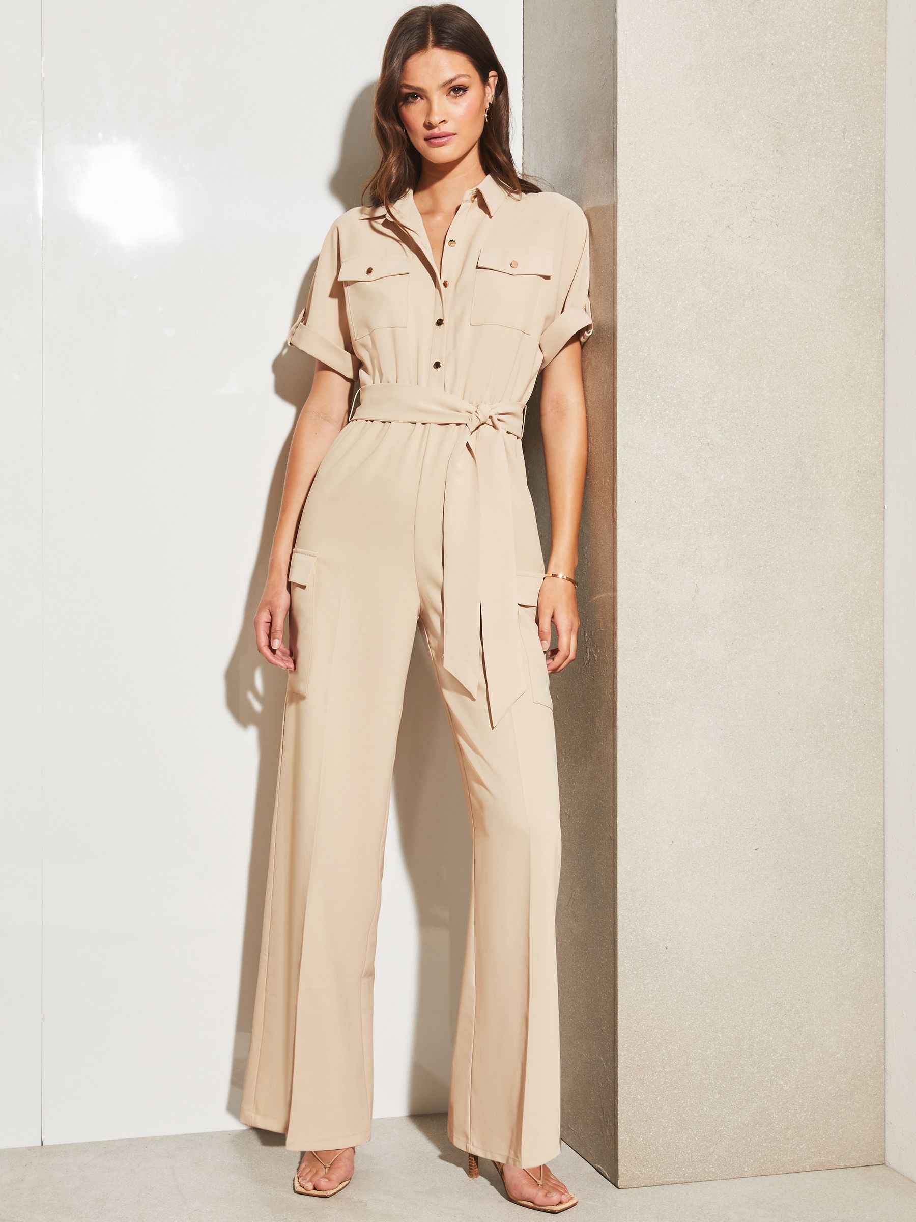 Buy Lipsy Camel Short Sleeve Twill Belted Utility Wide Leg Jumpsuit from Next Luxembourg