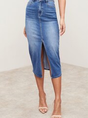 Lipsy Mid Wash Blue Denim High Rise Split Front Midi Skirt - Image 1 of 4