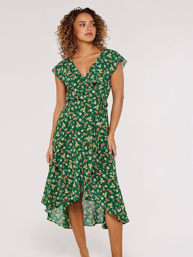 Apricot Green Multi Floral Ruffle Detail Midi Dress - Image 1 of 4