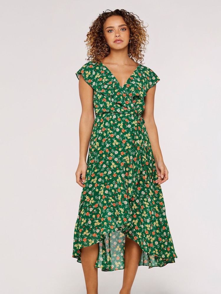 Apricot Green Multi Floral Ruffle Detail Midi Dress - Image 4 of 4